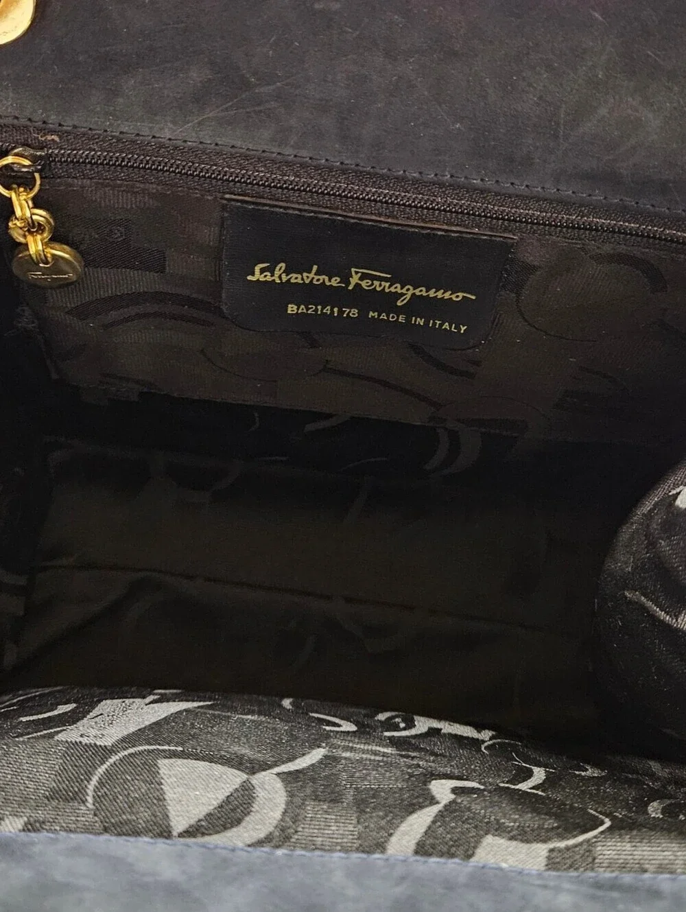 Salvatore Ferragamo Black Vara Bow Handbag In Navy Blue Suede And Gold